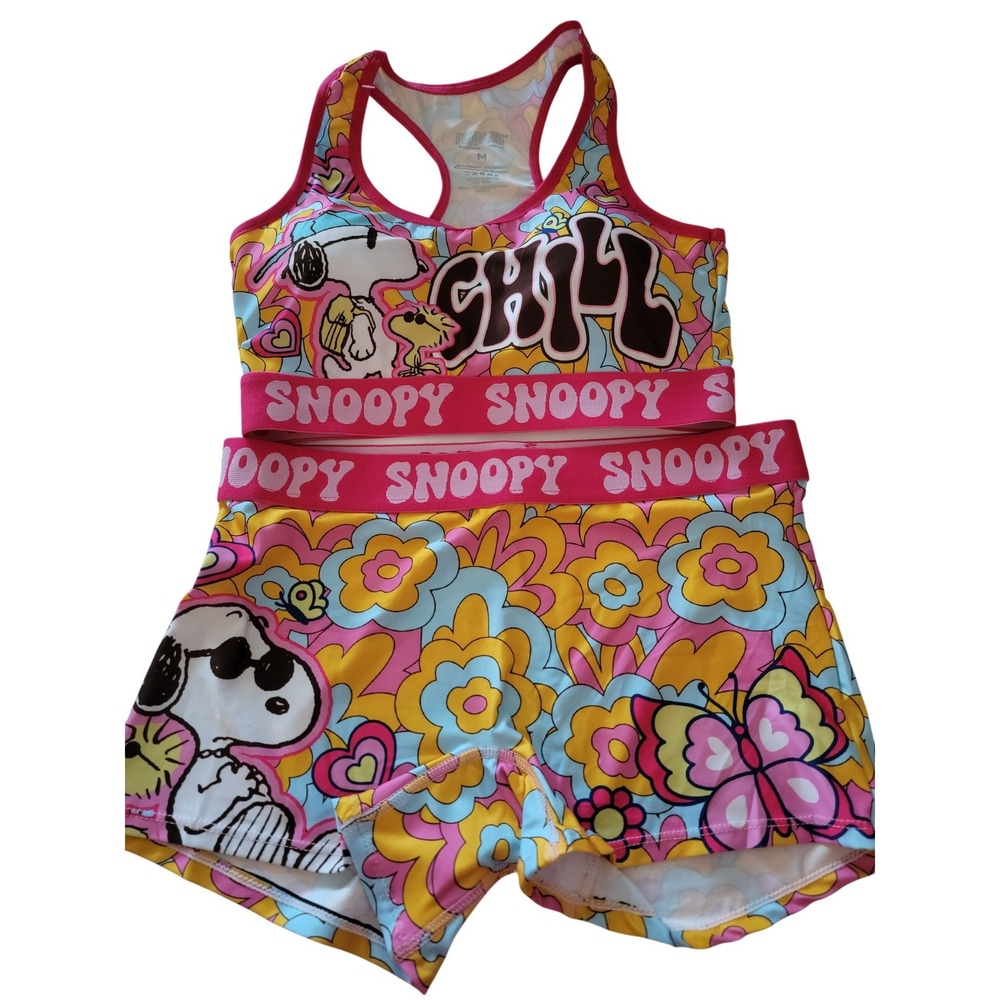 Peanuts Snoopy Floral Two Piece Lounge Set Womens Medium Pink Yellow Blue Retro